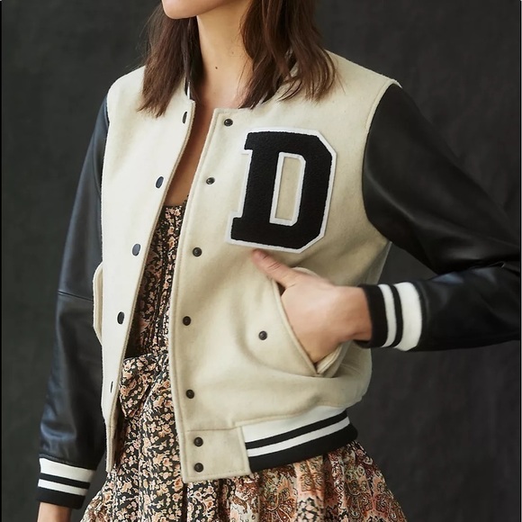 NWT - Anthropologie Deadwood Recycled Lambskin Leather Sleeves Varsity Jacket​ - Picture 4 of 8
